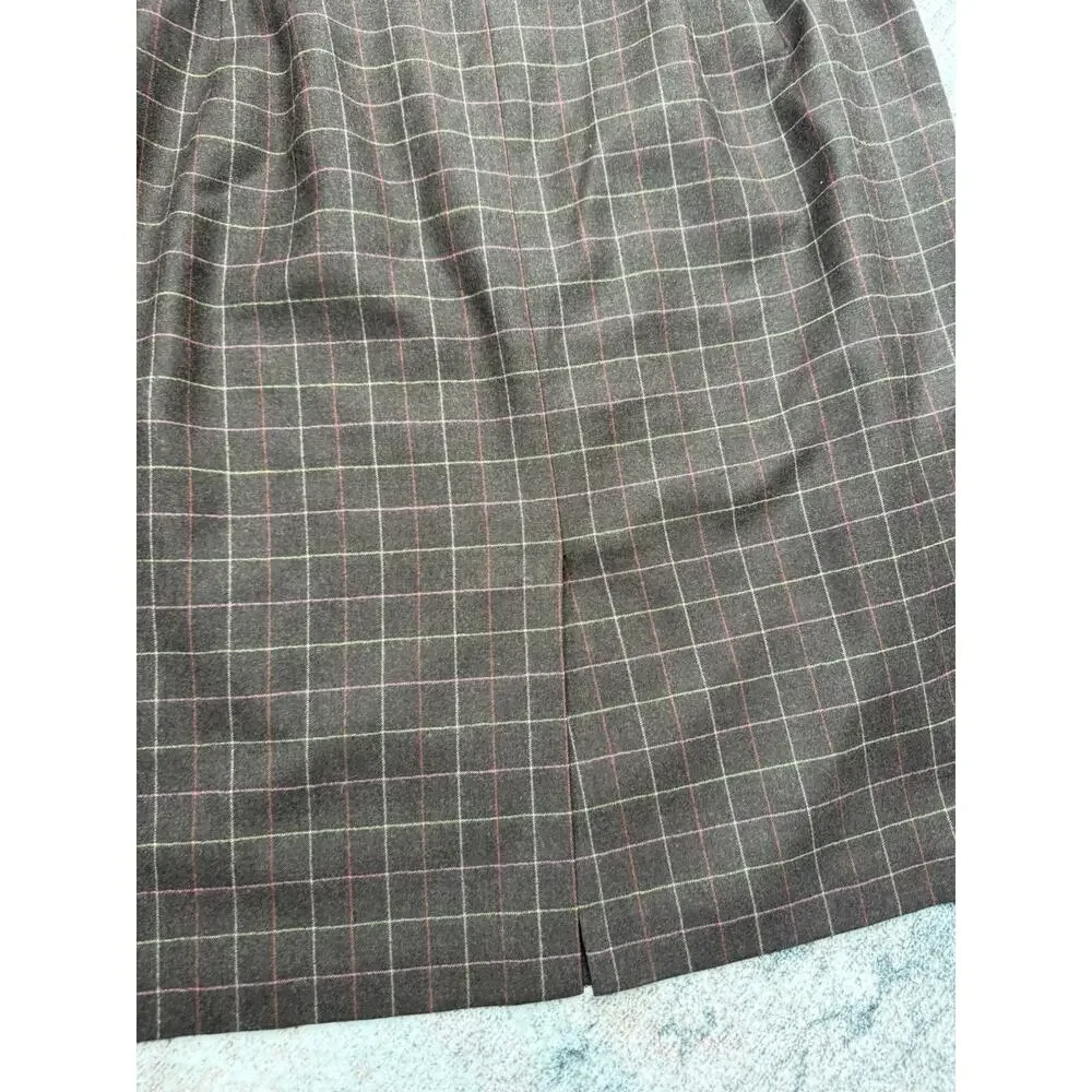 TALBOTS Wool Stretch Pencil Skirt Lined Slit Windowpane Check Brown